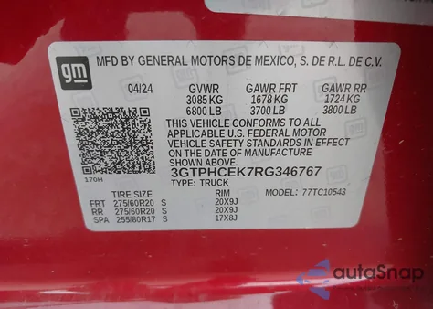 2024 GMC Sierra 1500 2Wd Short Box Elevation from USA, damaged, VIN 3GTPHCEK7RG346767